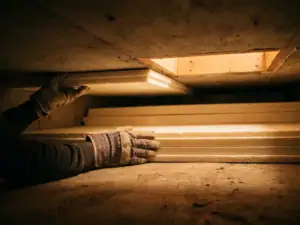 Vakman installeert dikke foamplaten als kruipruimte-isolatie tegen betonnen vloer, warm licht door toegangsluik.