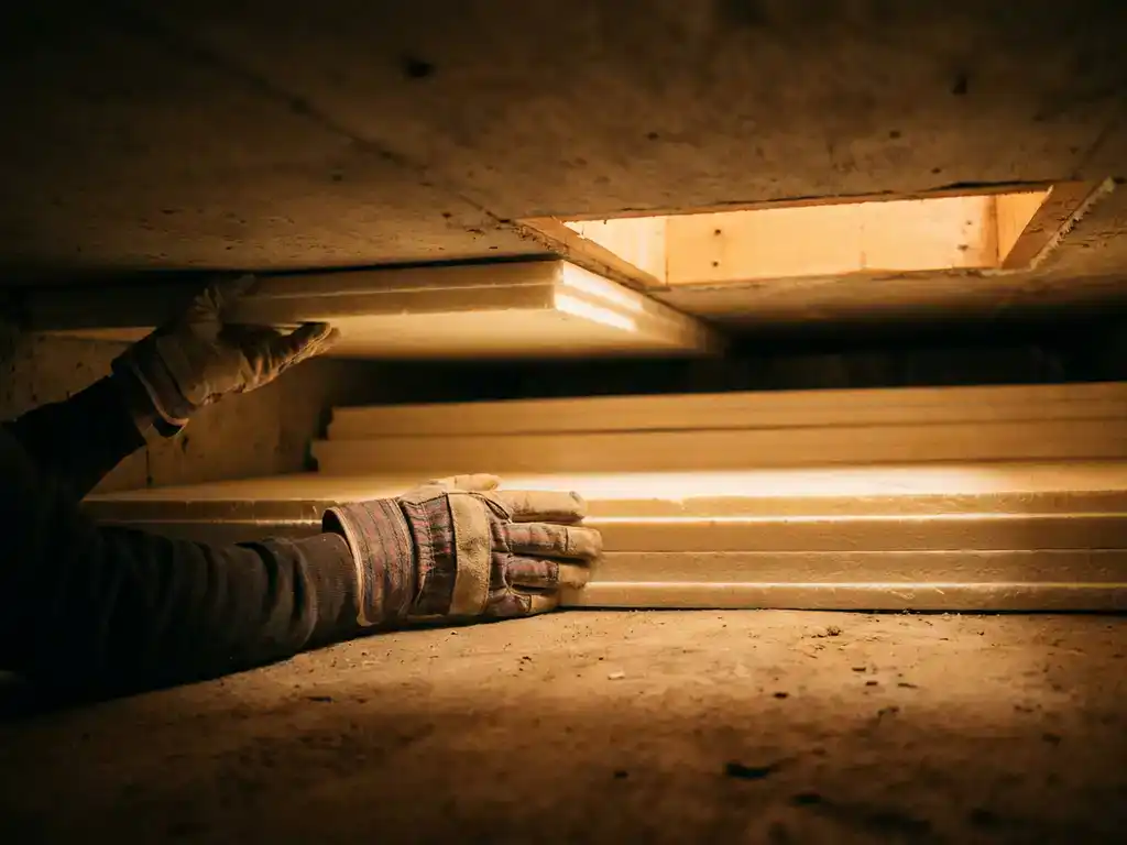Vakman installeert dikke foamplaten als kruipruimte-isolatie tegen betonnen vloer, warm licht door toegangsluik.