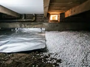 Kruipruimte onder Nederlandse woning met zilverfolie op de bodem links en witte EPS-parels als bodemisolatie rechts.