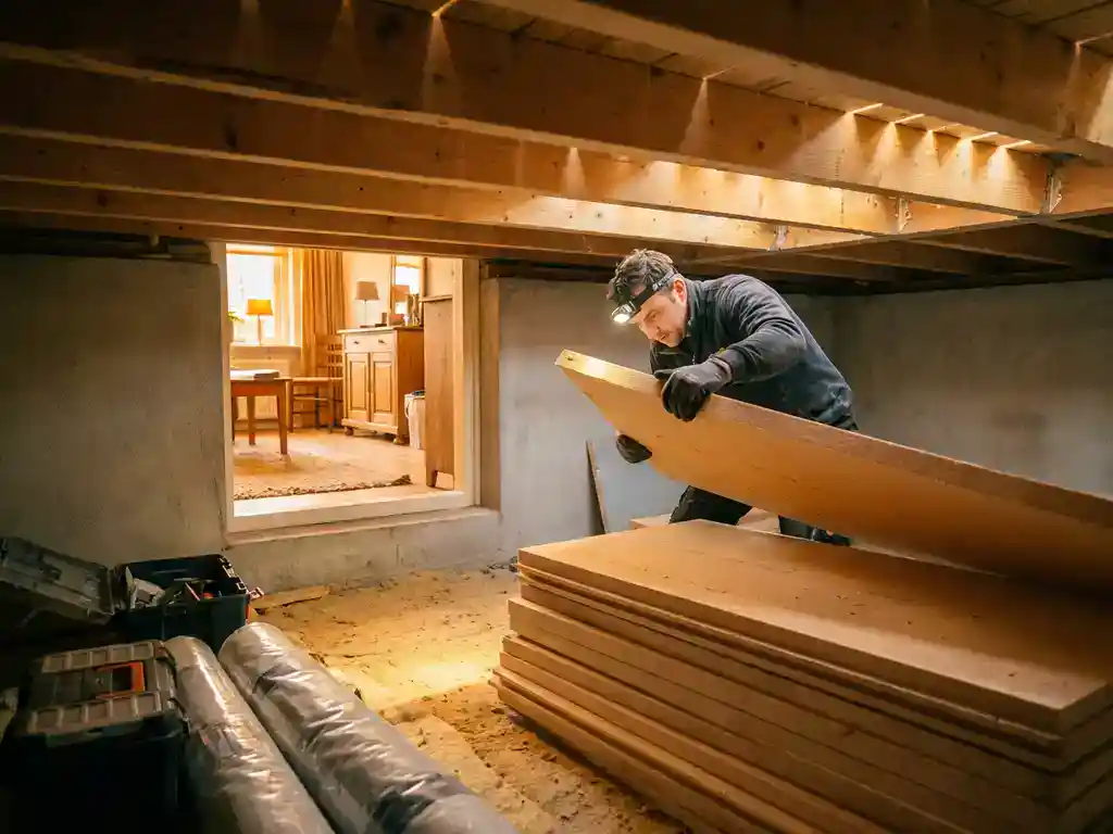 Installateur tilt isolatieplaat op in kruipruimte onder houten vloer van Nederlandse woning, gereedschap en panelen netjes gerangschikt.