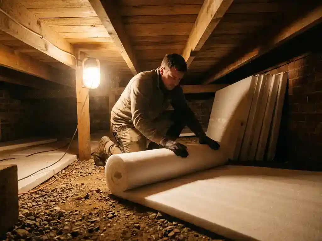 Installateur rolt isolatiemateriaal uit op de vloer van een kruipruimte onder een rijtjeshuis, met houten balklagen zichtbaar.