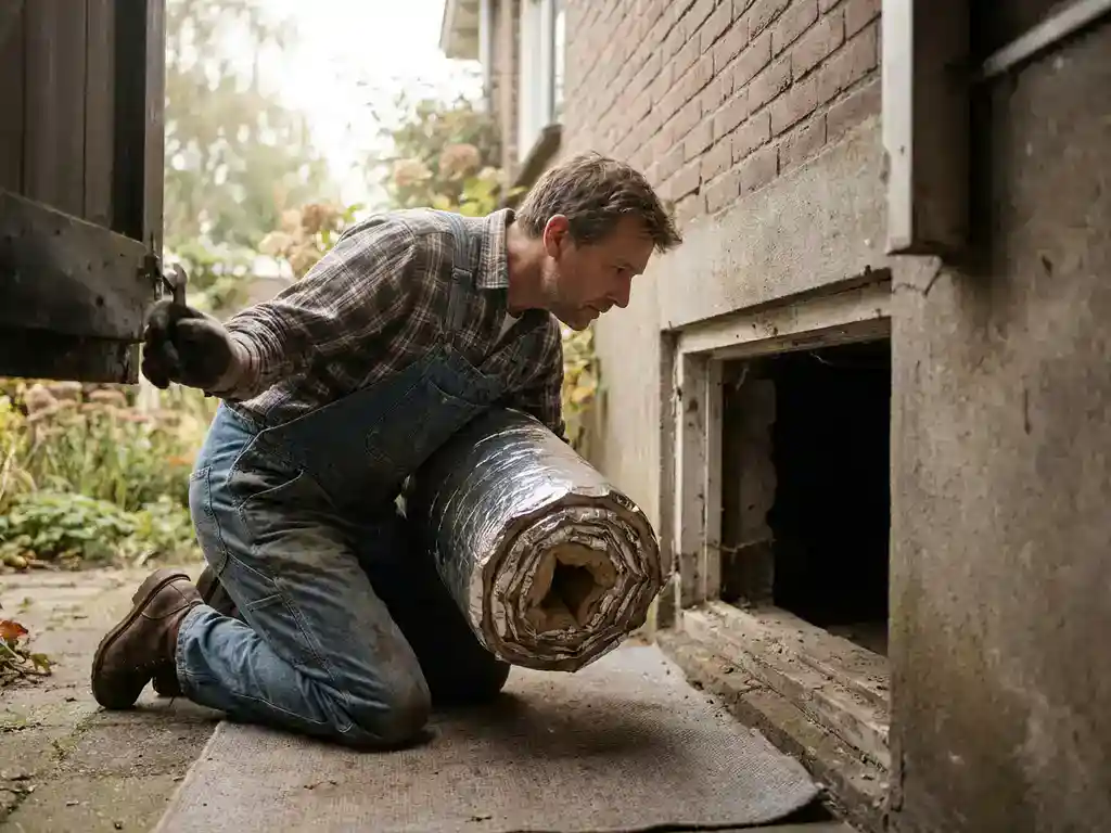 Huiseigenaar in werkkleding hurkt bij de smalle opening van een kruipruimte onder een Nederlandse woning, met een rol isolatiemateriaal in de hand.