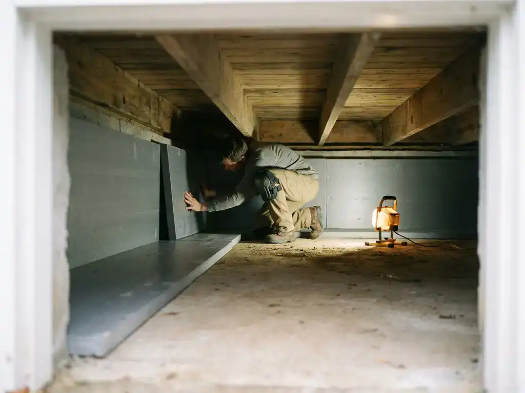 Isolatiespecialist die dikke grijze isolatiepanelen aanbrengt op de betonnen vloer van een kruipruimte met houten balklaag.