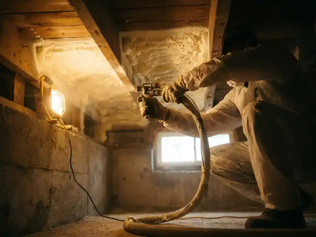 Installateur spuit PUR-schuim isolatie onder houten vloer in kruipruimte, verlicht door warm goudkleurig licht.