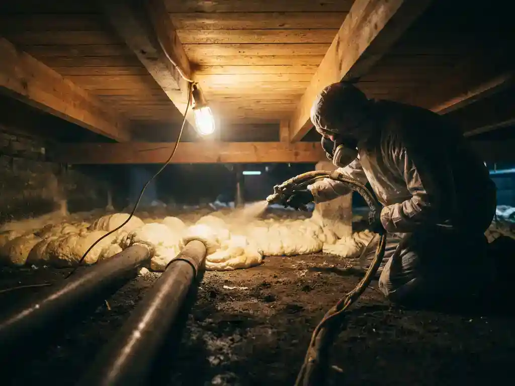 Installateur spuit spuitschuim isolatie op kruipruimtevloer onder Nederlandse woning, houten balklaag zichtbaar overhead.