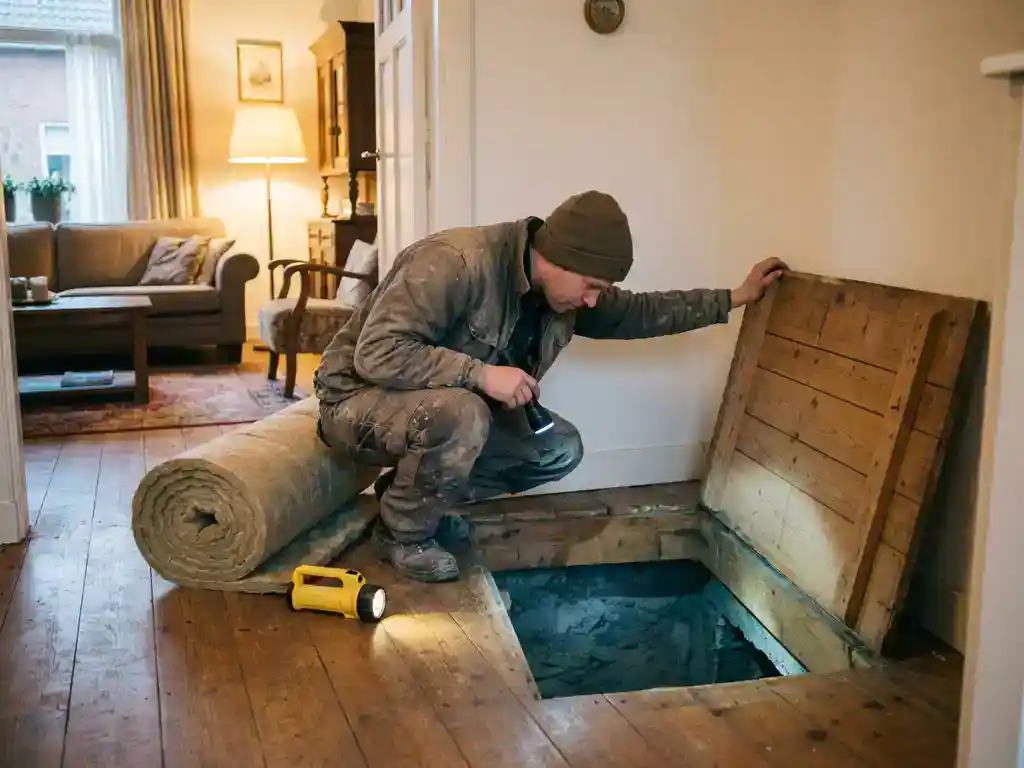 Huiseigenaar in werkkleding die in een open kruipruimte kijkt, met isolatiemateriaal en zaklamp op de houten vloer.