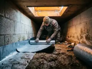 Installateur rolt isolatiefolie uit op vochtige bodem van kruipruimte onder Nederlandse woning met condensatie op betonnen wanden.