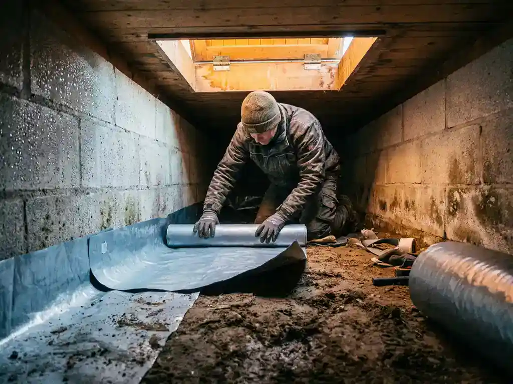 Installateur rolt isolatiefolie uit op vochtige bodem van kruipruimte onder Nederlandse woning met condensatie op betonnen wanden.