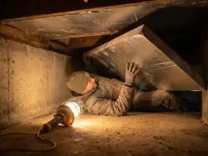 Werker op zij liggend in smalle kruipruimte die isolatieplaat tegen betonnen plafond drukt, slechts 30 cm vrije ruimte.