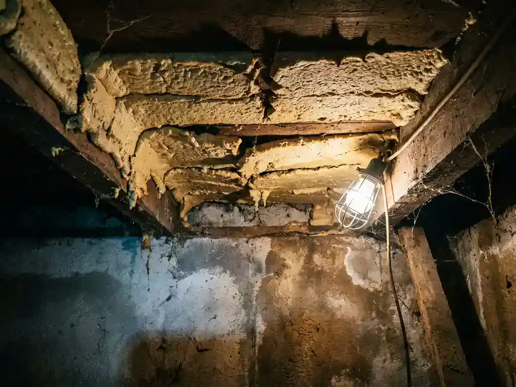 Kruipruimte onder Nederlandse woning met gebarsten PUR-schuim isolatie op houten balkjes en vochtplekken op betonnen fundering.