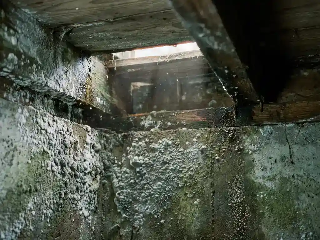 Vochtige kruipruimte met witte en grijze schimmelkolonies op betonnen muren en houten balken, lichtstraal door toegangsluik.
