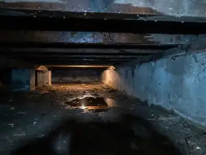 Vochtige kruipruimte onder Nederlandse woning met vochtdruppels op betonnen wanden en houten balklaag.