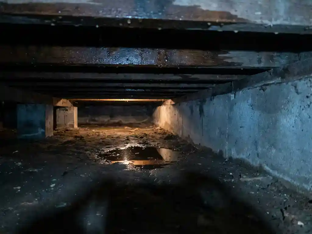 Vochtige kruipruimte onder Nederlandse woning met vochtdruppels op betonnen wanden en houten balklaag.