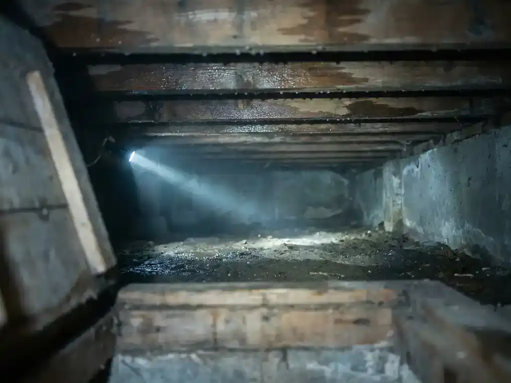 Vochtige kruipruimte onder een Nederlandse rijtjeswoning met waterdruppels op houten vloerbalken en glinsterende betonnen bodem.