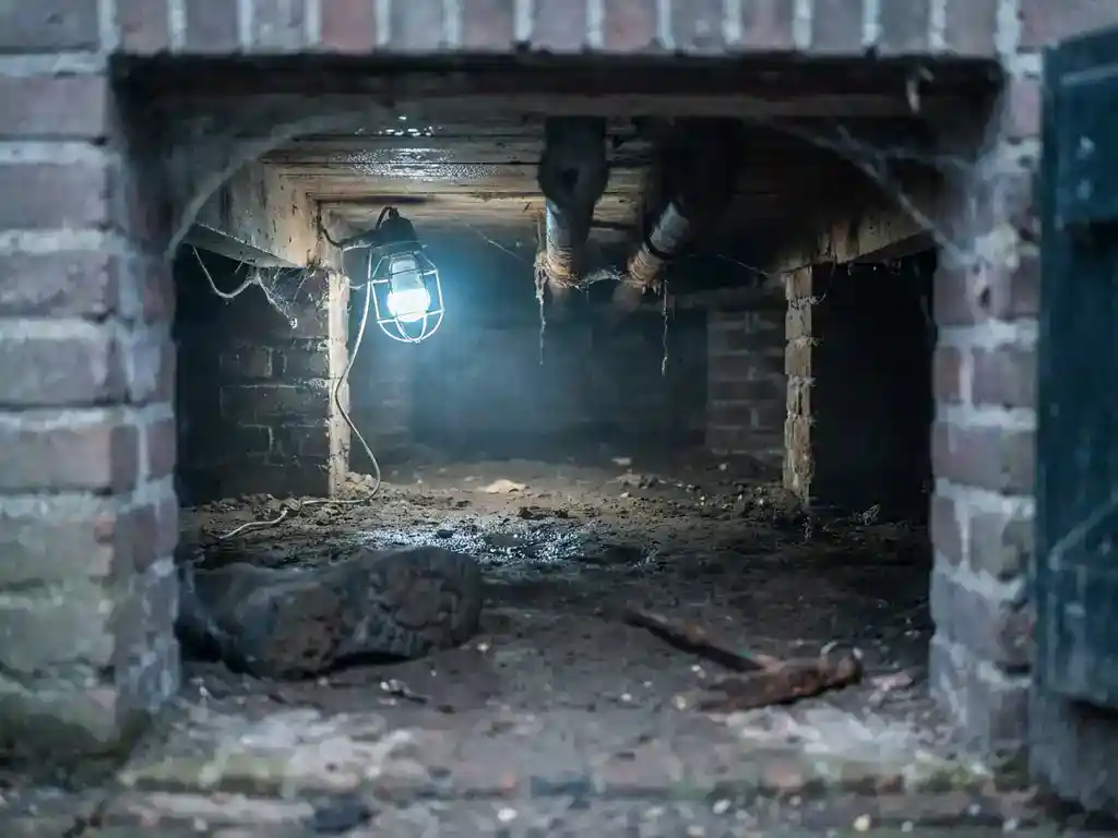 Vochtige kruipruimte onder Nederlandse woning met condensatie op kale grond, houten vloerbalken en een enkele werklamp.