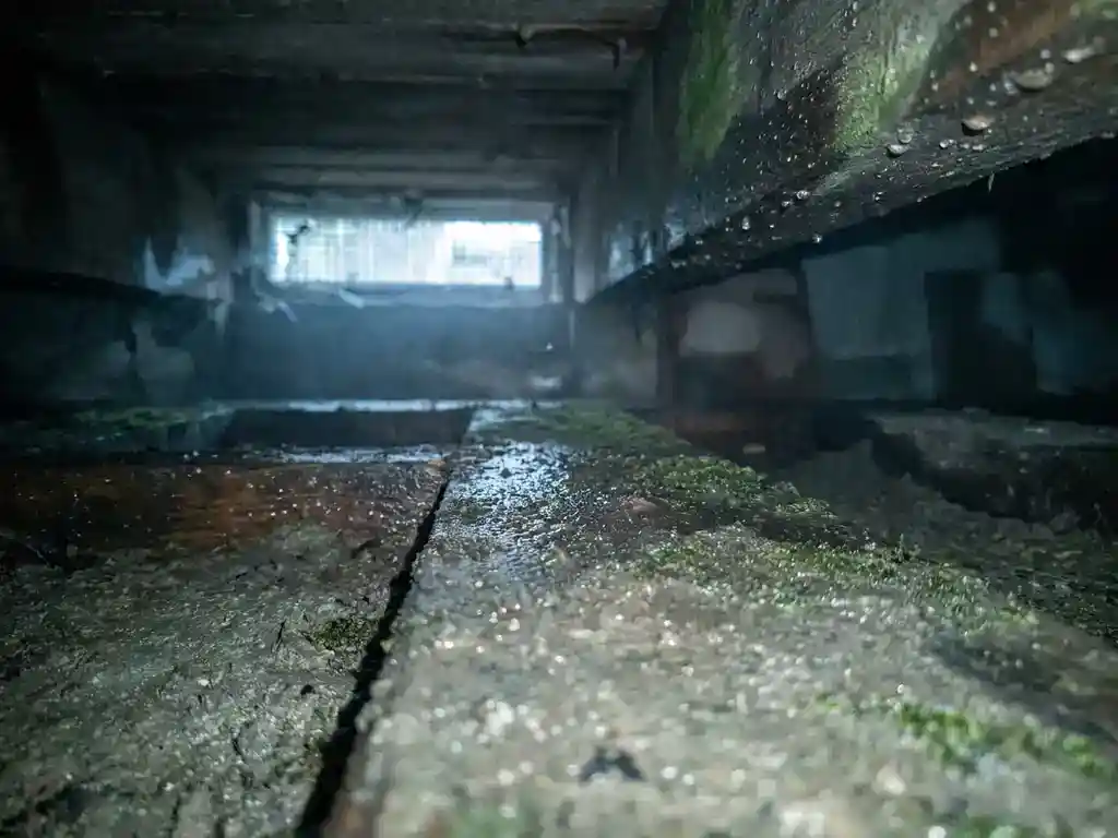 Vochtige kruipruimte onder Nederlandse woning met natte betonbodem, houten balklaag en mosgroei op donkere funderingsmuur.