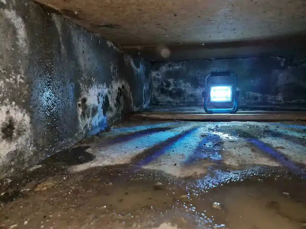 Vochtige kruipruimte onder Nederlandse woning met staand water, schimmel en kalkuitslag op betonnen funderingsmuren.
