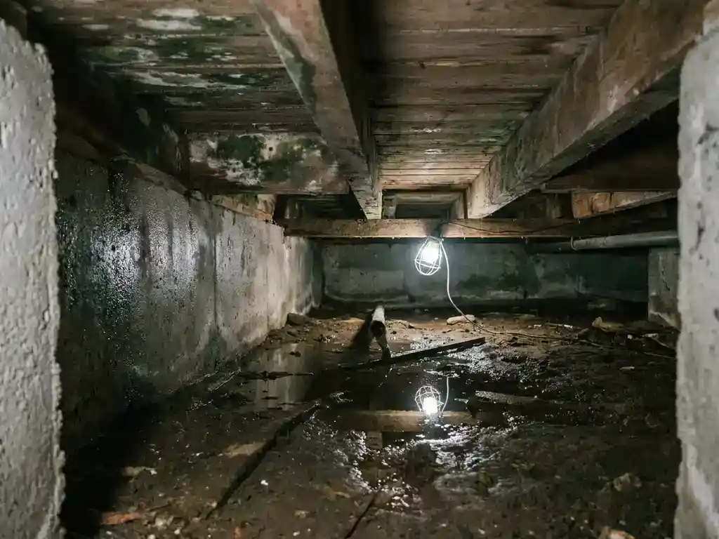 Vochtige kruipruimte onder Nederlandse woning met condensdruppels op betonnen funderingsmuren, schimmel op houten balken en stilstaand water op de grond.