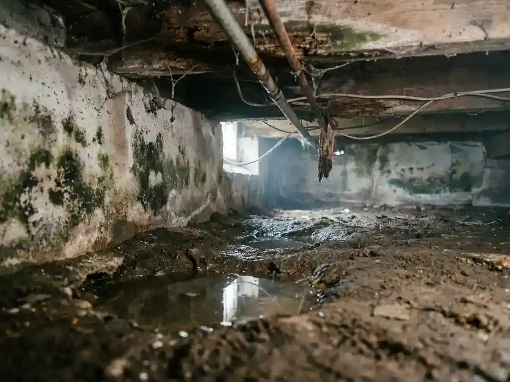 Vochtige kruipruimte onder Nederlandse woning met schimmel op betonnen funderingsmuren, stilstaand water op kale grond en rottende houten balken.
