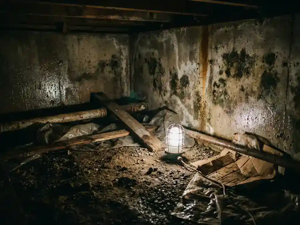Vochtige kruipruimte onder Nederlandse woning met schimmel op betonnen funderingsmuren en condensatie op de grond.