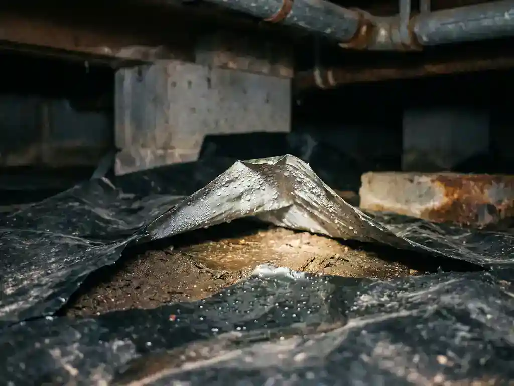 Beschadigde zwarte PE-folie die loslaat van vochtige kruipruimtebodem, met zichtbaar condenswater en betonnen funderingsmuren.