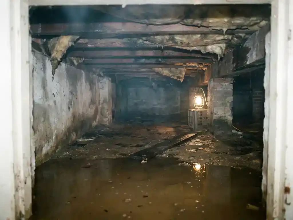 Ondergelopen kruipruimte onder Nederlandse woning met 30 cm modderig water tegen betonnen funderingsmuren en vochtige houten balkjes.