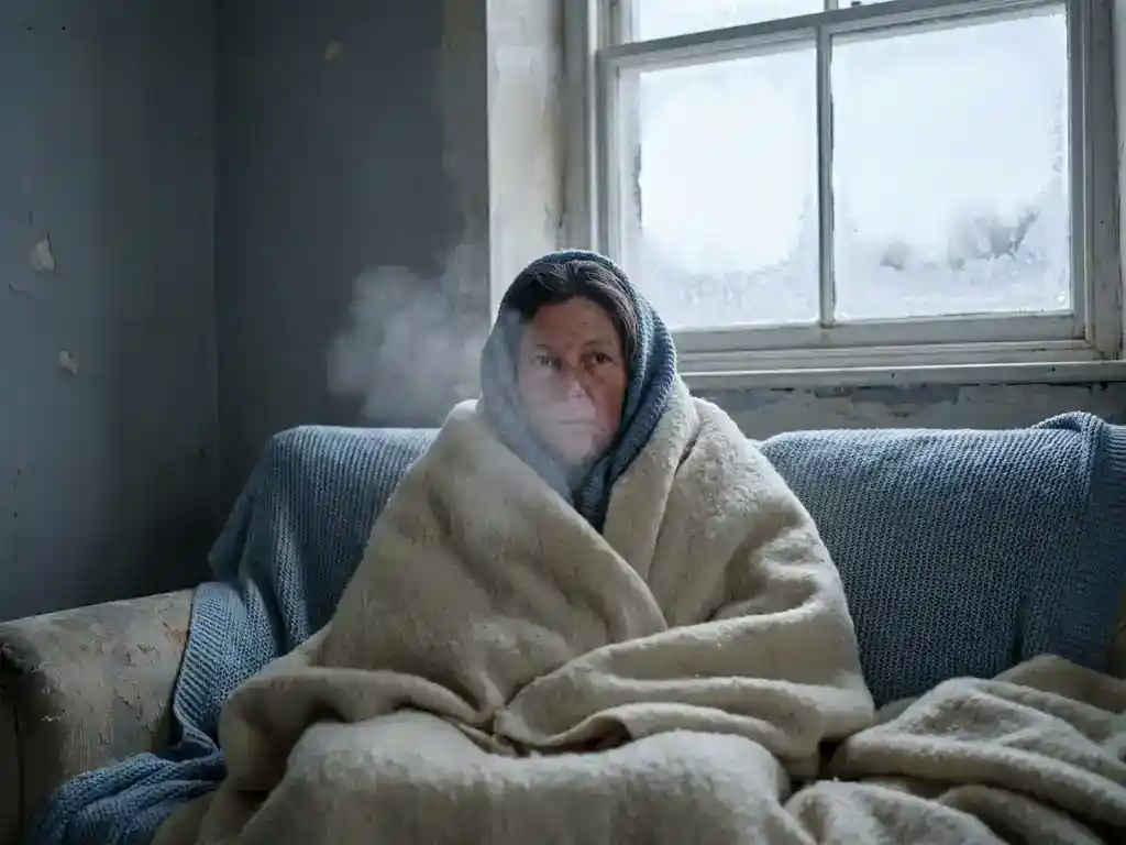 Persoon gehuld in dikke wollen dekens op een bank, zichtbare adem in koude binnenlucht, bevroren raam met grijze winterlucht op de achtergrond.