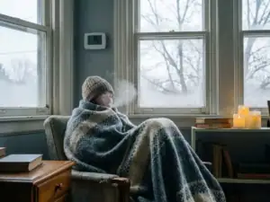 Persoon in dikke wollen deken gewikkeld in fauteuil, zichtbare adem in koude woonkamer met enkelvoudig glas en thermostaat aan de muur.