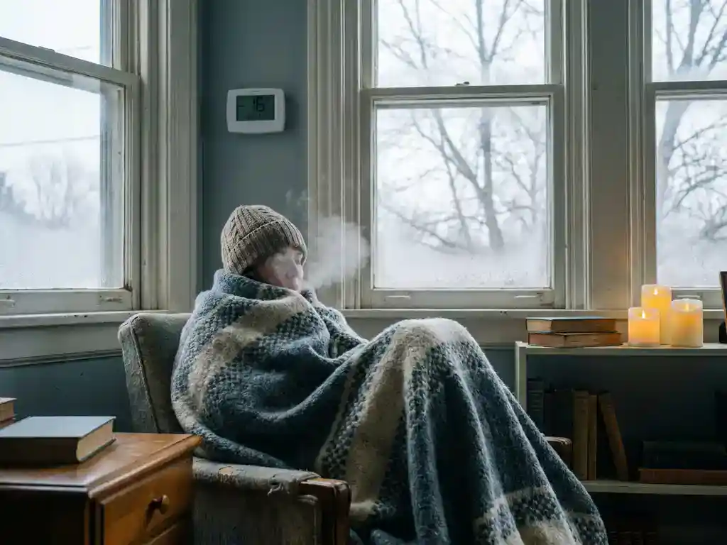 Persoon in dikke wollen deken gewikkeld in fauteuil, zichtbare adem in koude woonkamer met enkelvoudig glas en thermostaat aan de muur.