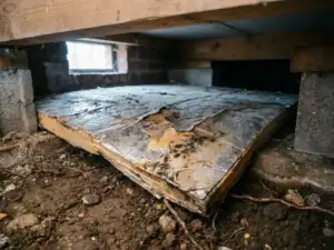 Beschadigde PIR-isolatieplaat met vochtschade en verwerpte randen, gedeeltelijk aangebracht onder een Nederlandse kruipruimtevloer op vochtige bodem.