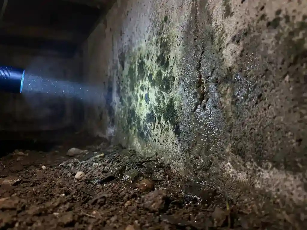 Zwarte en donkergroene schimmel op betonnen funderingsmuur in vochtige kruipruimte met condensdruppels op het oppervlak.