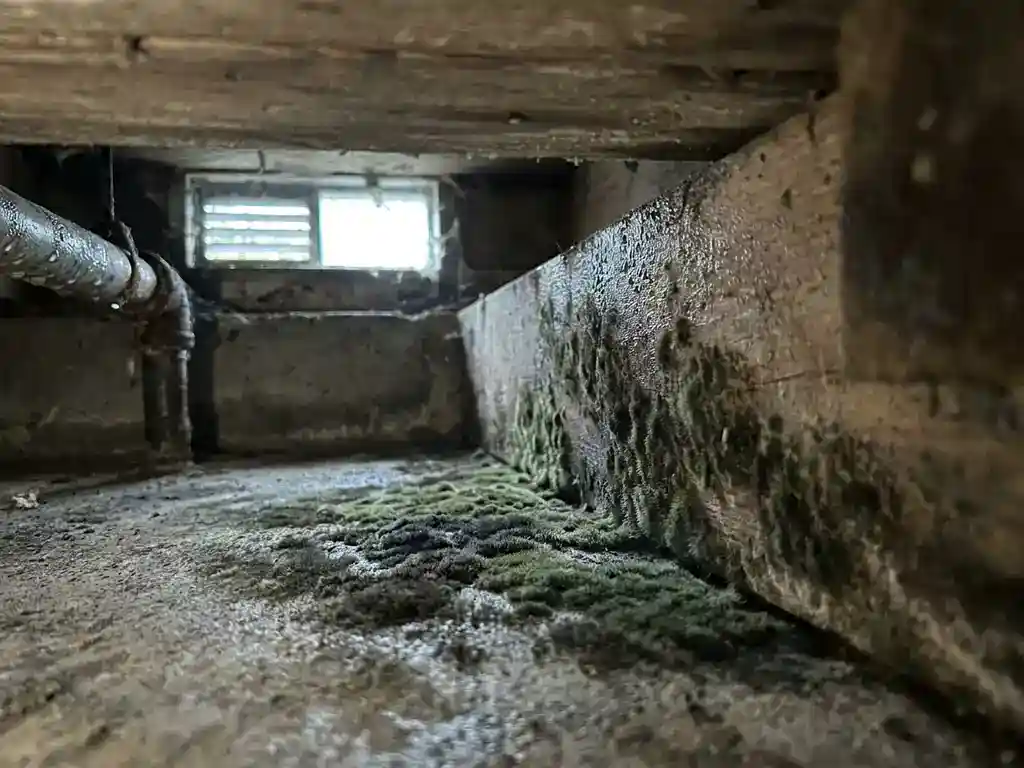 Zwarte en donkergroene schimmel kruipt langs vochtig betonnen kruipruimtevloer omhoog via een houten vloerbalk.