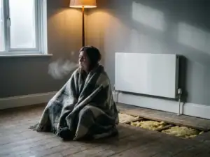 Persoon in dikke wollen deken op koude woonkamervloer met zichtbare adem, radiator en isolatiemateriaal op de achtergrond.