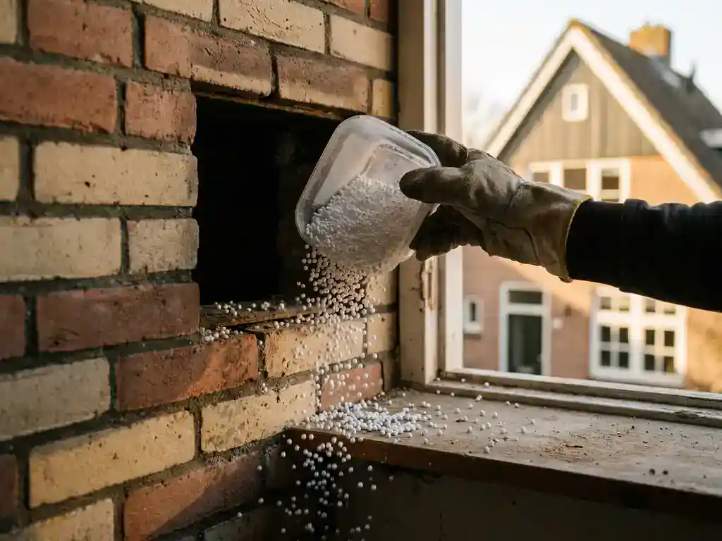Gehandschoende hand die EPS-isolatieparels in een spouwmuur stort, losse kralen verspreid over ruw baksteenoppervlak.