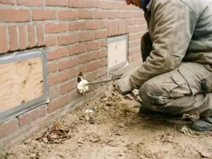 Vakman injecteert spuitschuim isolatie via geboord gat in fundering van bakstenen woning, dichtgezette kruipruimteventielen zichtbaar.