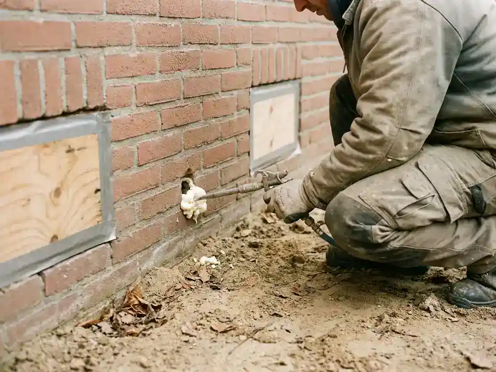 Vakman injecteert spuitschuim isolatie via geboord gat in fundering van bakstenen woning, dichtgezette kruipruimteventielen zichtbaar.