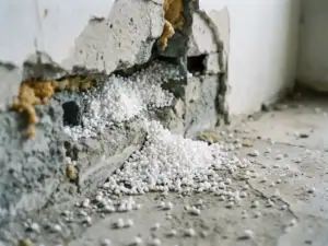 Witte polystyreenkorrels die uit een doorsnede van een spouwmuur vallen, met zichtbare krimping en losse korrels op betonnen vloer.