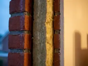 Doorsnede van een spouwmuur met isolatiemateriaal tussen baksteenlagen, warm goudgeel interieur contrasteert met koud grijs buitenoppervlak.
