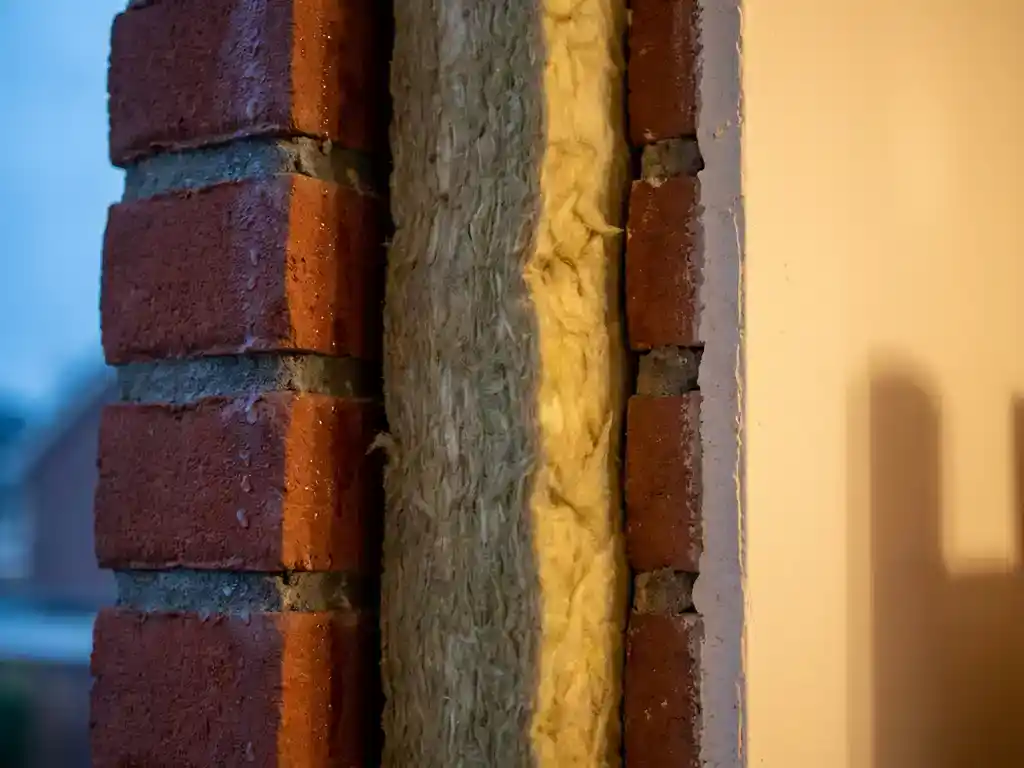 Doorsnede van een spouwmuur met isolatiemateriaal tussen baksteenlagen, warm goudgeel interieur contrasteert met koud grijs buitenoppervlak.