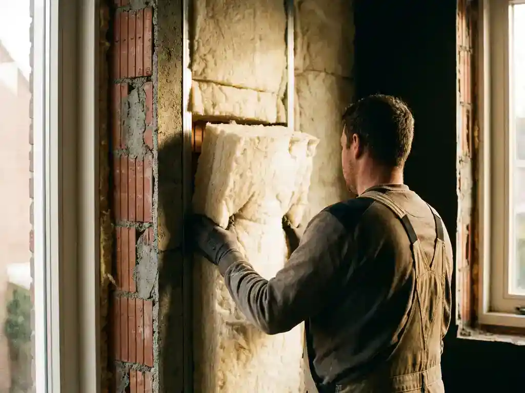 Isolatiespecialist plaatst dikke minerale wol in spouwmuur van Nederlandse woning, zichtbare dwarsdoorsnede van isolatiemateriaal.