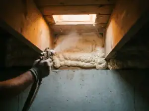 Spuitschuim isolatie aangebracht onder houten vloerbalken in een kruipruimte, met warm amberkleurig licht.