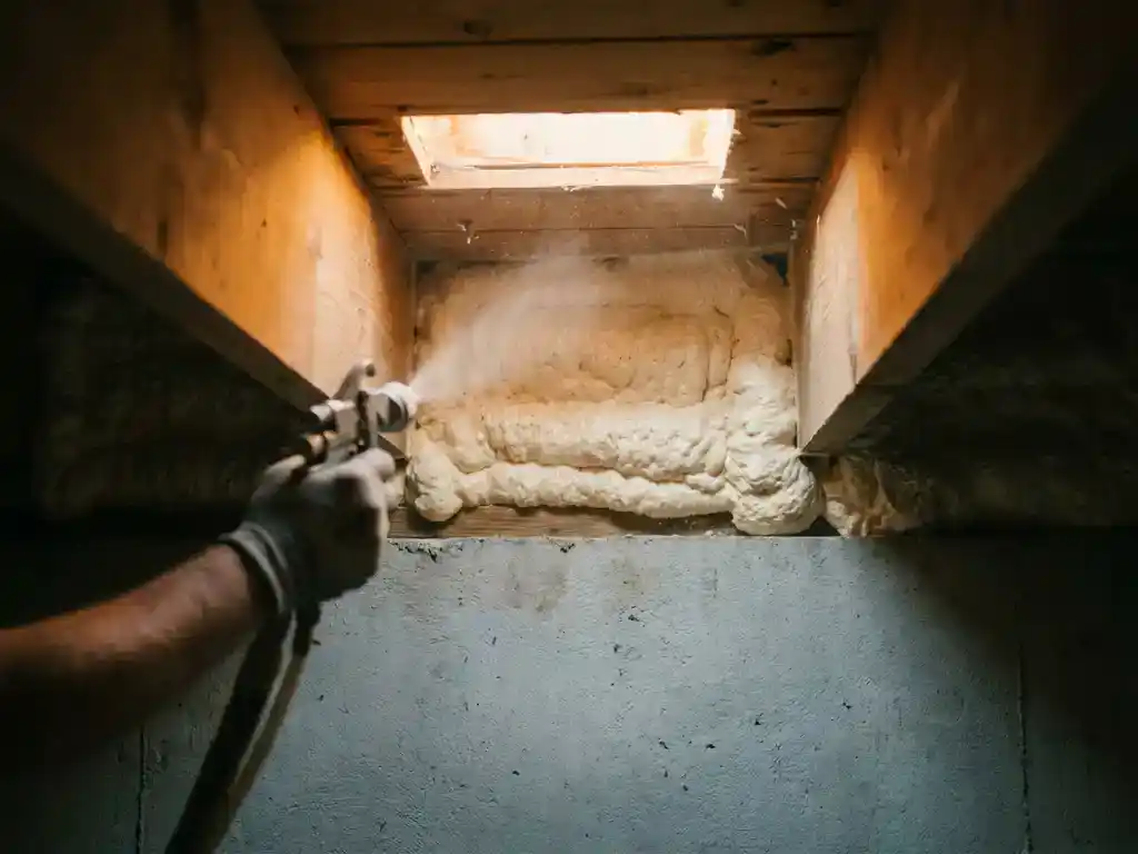 Spuitschuim isolatie aangebracht onder houten vloerbalken in een kruipruimte, met warm amberkleurig licht.