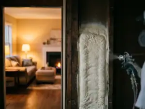 Spuitschuim isolatie aangebracht in houten wandspouw van woonhuis, met warme woonkamer zichtbaar op achtergrond.