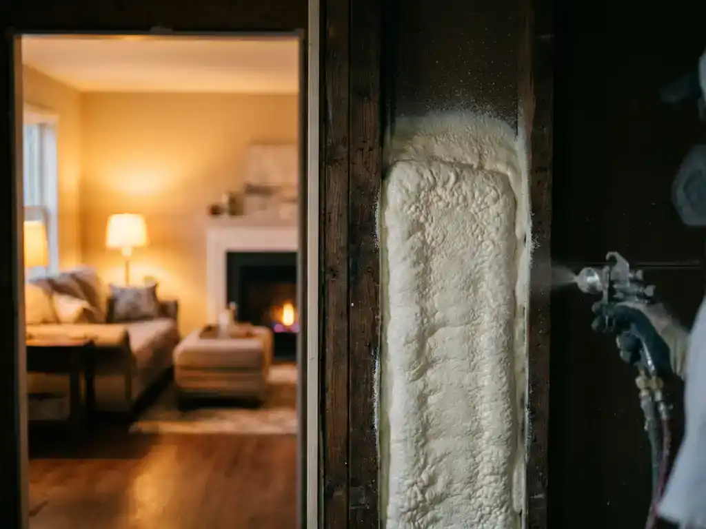Spuitschuim isolatie aangebracht in houten wandspouw van woonhuis, met warme woonkamer zichtbaar op achtergrond.