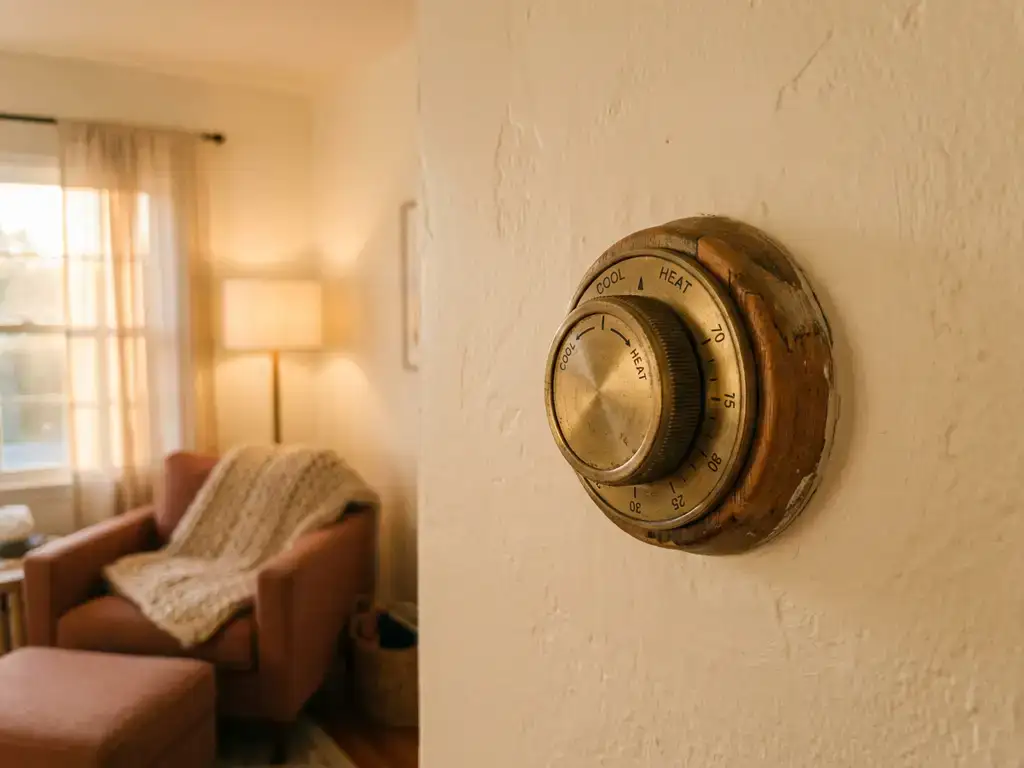 Thermostaat die één stand lager is gedraaid op een crèmekleurige muur, met een gezellige woonkamer op de achtergrond.