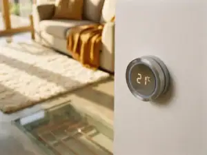 Moderne thermostaat ingesteld op 21 graden aan witte muur, met vloerverwarming zichtbaar onder een doorzichtige vloer op de achtergrond.