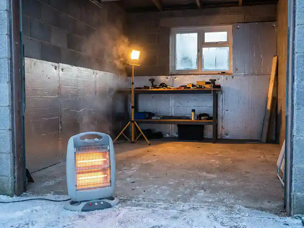Elektrische kachel met oranje gloed in een bevroren garage met gedeeltelijk geïsoleerde betonnen muren en condensatie op het raam.