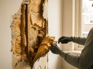 Vakman verwijdert aangetast spuitschuim uit spouwmuur, kruimelig geel schuim zichtbaar onder losgetrokken pleisterwerk in Nederlandse woning.