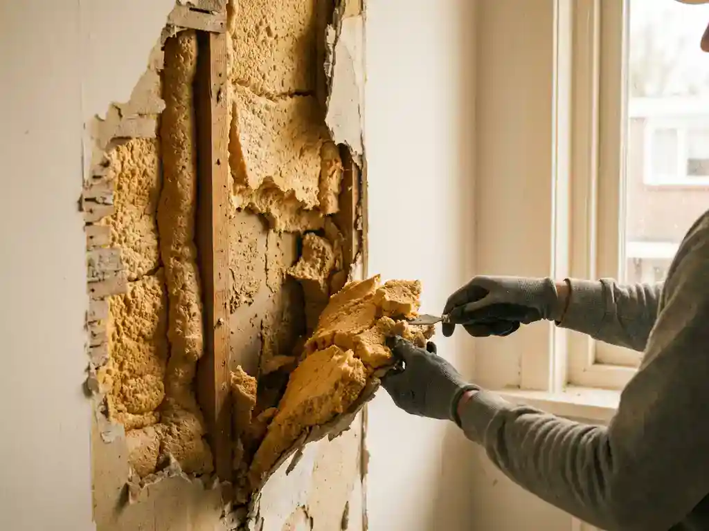 Vakman verwijdert aangetast spuitschuim uit spouwmuur, kruimelig geel schuim zichtbaar onder losgetrokken pleisterwerk in Nederlandse woning.