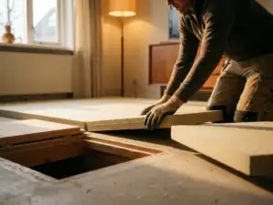 Installateur legt dikke isolatiepanelen op betonnen ondervloer in Nederlandse woning, kruipruimteluik zichtbaar op achtergrond.